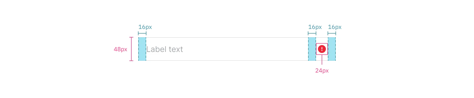 Input field design measurements showing 48px height, 16px padding on left and right, and a 24px icon inset on the right side.