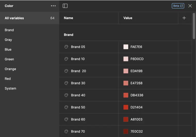 Color settings panel showing brand color variables with names and hex values, ranging from light pink to dark red.