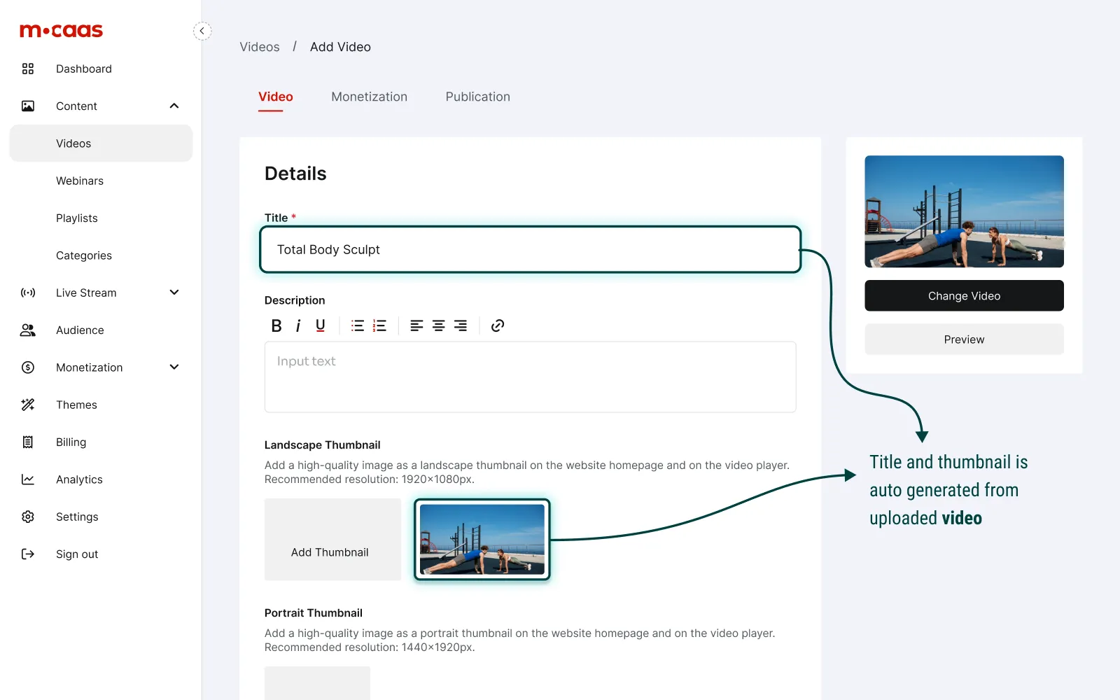 Video upload interface showing 'Total Body Sculpt' title, landscape thumbnail with two people exercising outdoors, and options to change or preview the video.