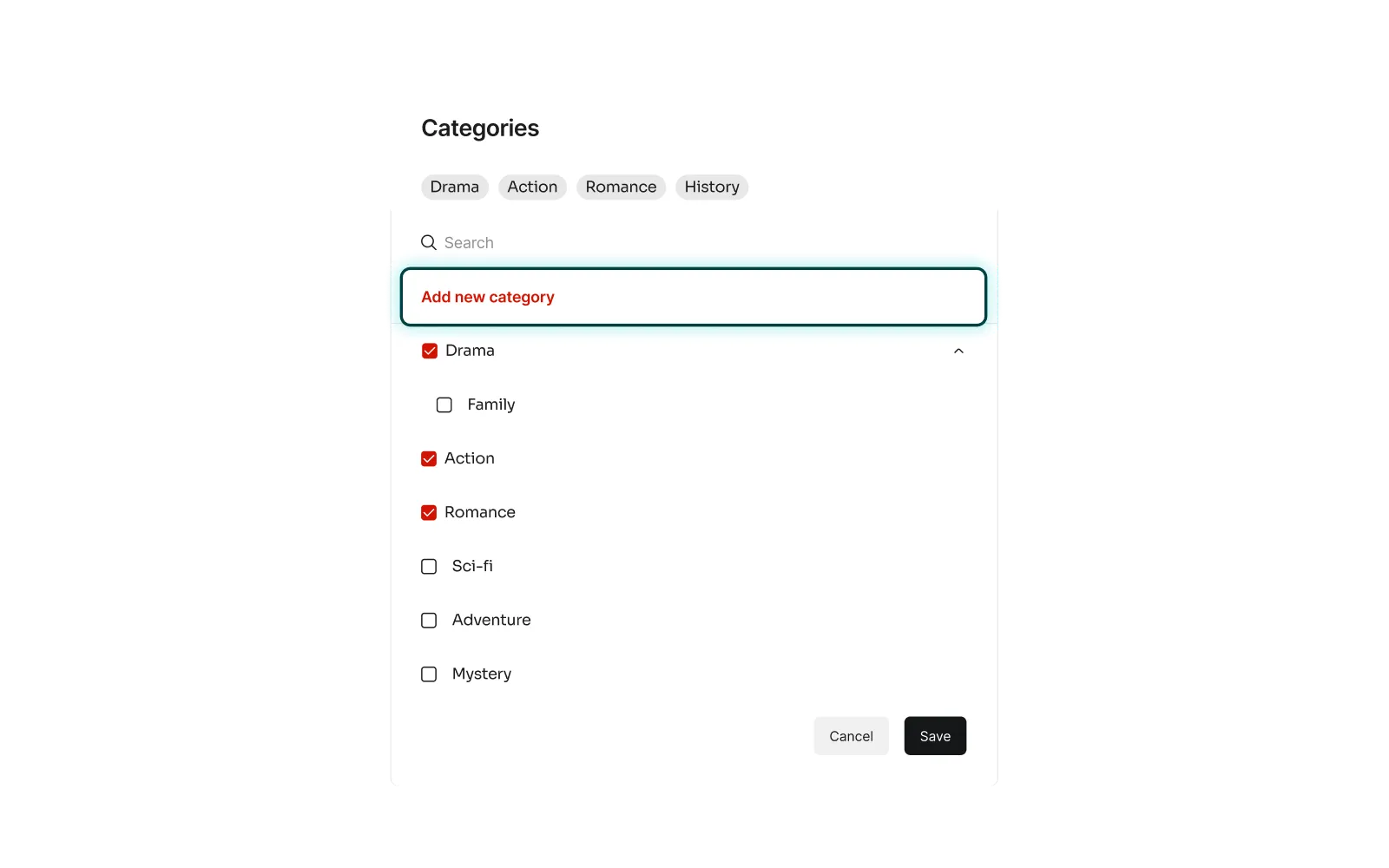 Category selection interface with Drama, Action, Romance, and History tags, checkboxes for various genres, and Cancel and Save buttons.