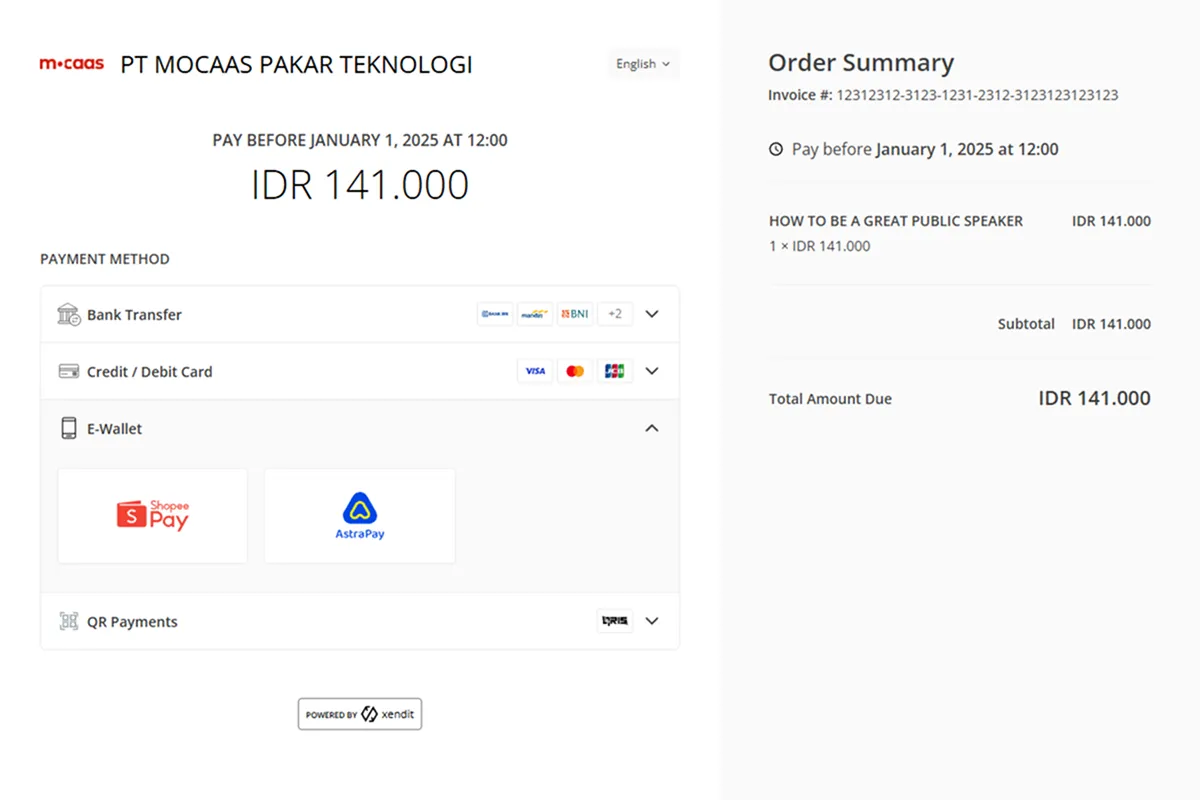 Payment page of PT MOCAAS PAKAR TEKNOLOGI showing payment amount IDR 141,000 due before January 1, 2025, with options for bank transfer, credit/debit card, e-wallets including Shopee Pay and AstraPay, and QR payments, alongside an order summary with invoice number and total amount due.